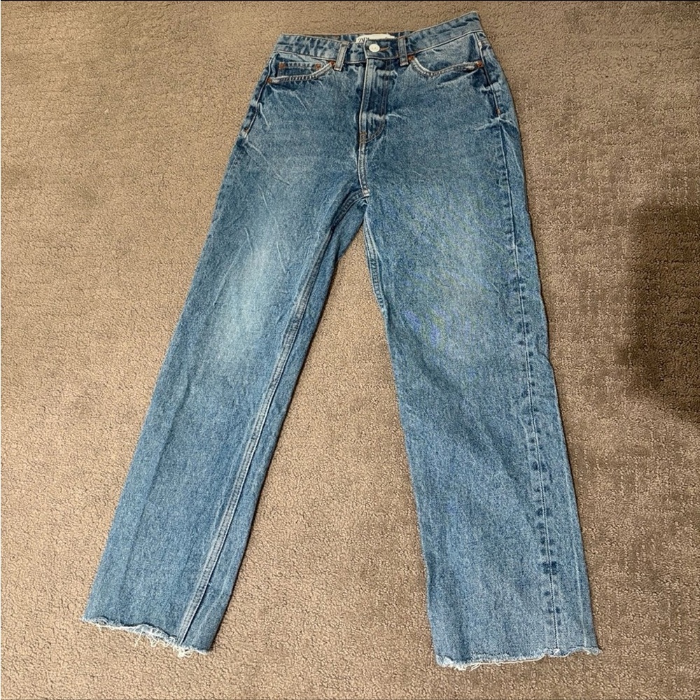 Zara Blue Straight Leg Jeans with Distressed Details